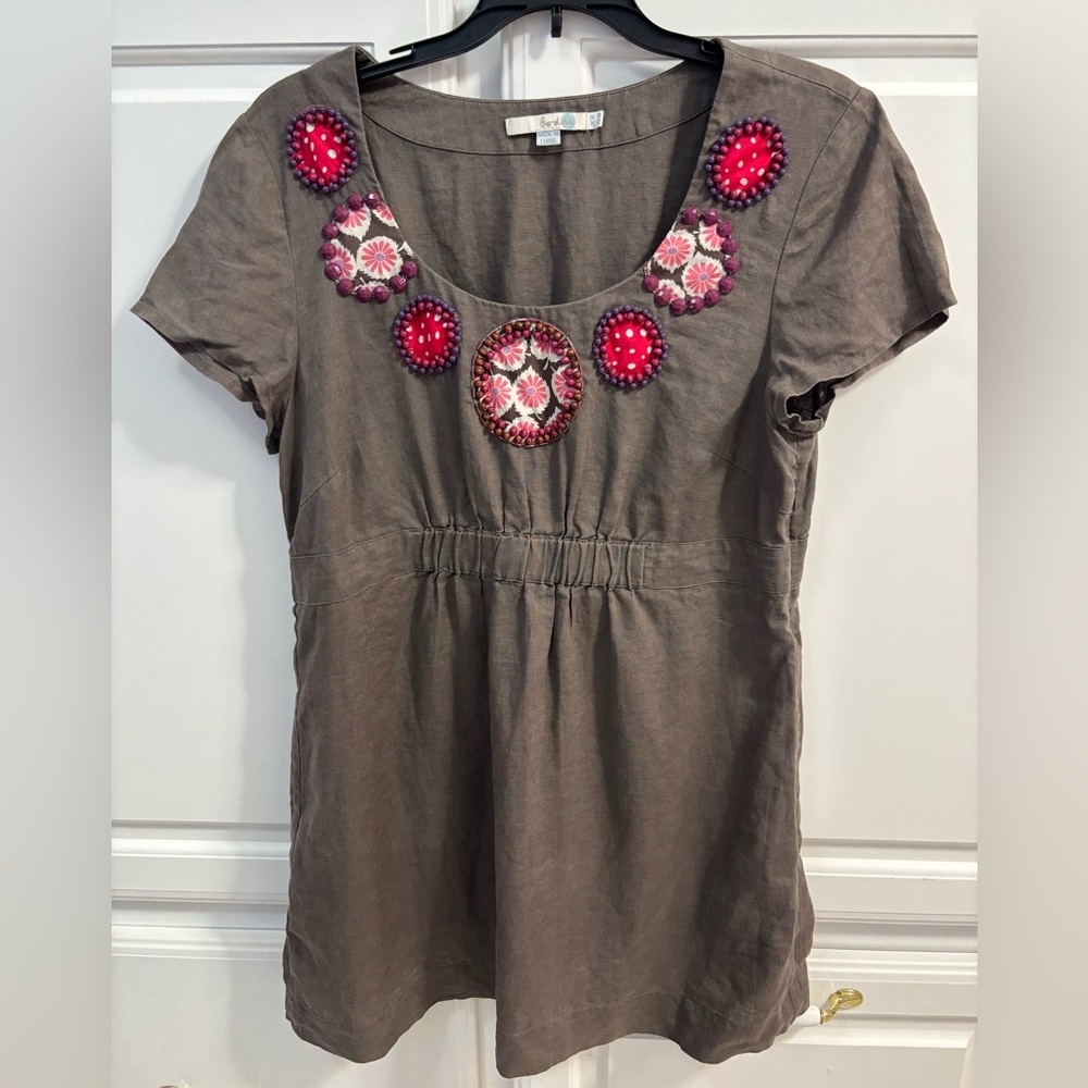 BODEN 100% Linen Brown Pink Beaded Boho Top Tunic Blouse Women’s Size 10